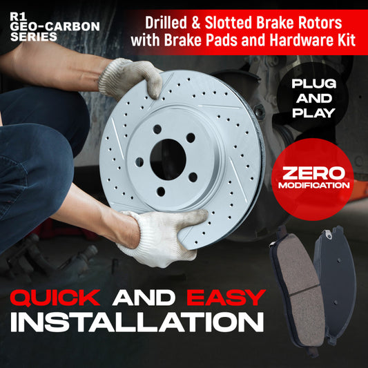 R1 13-20 Subaru WRX Front & Rear Drill/Slot Carbon Coated Rotor Set w/Optimum Pads