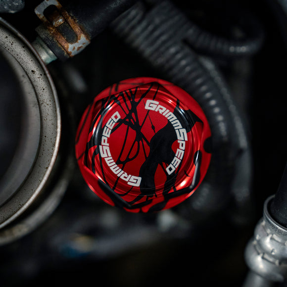 GrimmSpeed 89-21 Subaru Bolt Oil Cap Kit Red with Black Splatter
