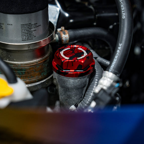 GrimmSpeed 89-21 Subaru Bolt Oil Cap Kit Red with Black Splatter