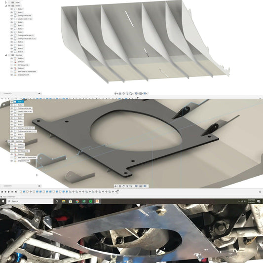 A collage showcasing three stages of the development process for the Miata Diffuser '90-05 NA/NB by 9livesracing: 1. A CAD model of an aluminum sheet metal component with precise bends. 2. A close-up of the CAD model focusing on a mounting plate with a circular cutout, typically used in V8 Miata customizations. 3. A real-life installation of the metal plate in a vehicle.