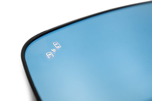 OLM Wide Angle Convex Mirrors with Turn Signals / Blind Spot Detection LED / Defrosters (Blue) - 15+ - Graveyard Performance