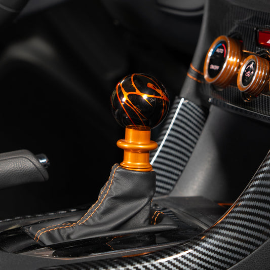Billetworkz Automatic Shifter - Black w/ Fire Splash - Fits Subaru CVT: WRX (15–21), Crosstrek (13–23), Forester (14–18), Impreza (12–23), Legacy/Outback (10–14) - Graveyard Performance