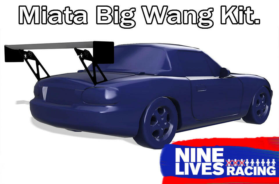 A stylized image of a blue Mazda Miata featuring a large rear wing, often called a "big wang." The text "Miata Big Wang Kit '90-05 NA/NB" proudly showcasing its down-force capabilities is at the top, while the "9livesracing" logo, emphasizing its American-made quality, is located in the bottom right corner.