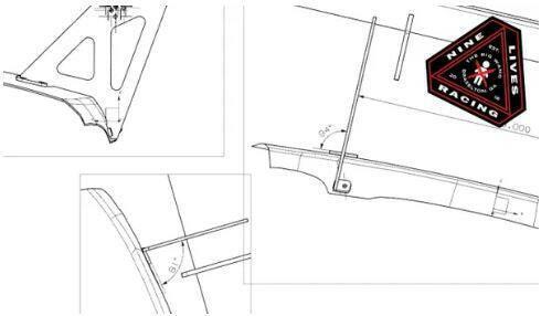 A technical drawing of an automotive wing assembly by 9livesracing showcases side and rear views of the Miata Big Wang Kit '06-15 NC *V1*. The illustration features mounting details and measurements for aluminum wings.