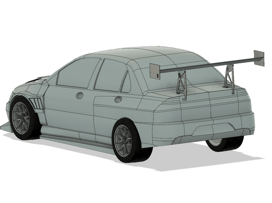 A digitally rendered image of a sports sedan with a large aluminum rear wing, aerodynamic body modifications, and wide tires. The car appears to be designed for high performance or racing purposes. Dubbed the Evolution 8/9 Big Wang kit ’03-07 CT9A by 9livesracing, it emphasizes down-force. The perspective is from the rear three-quarters.