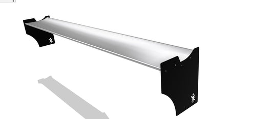 A sleek, lightweight Audi TT 2nd gen. 06-2014 shelf by 9livesracing, featuring a minimalist design with black brackets on both ends. The metallic silver surface glimmers, and the brackets sport small white logos near the bottom. The entire piece is set against a plain white background.