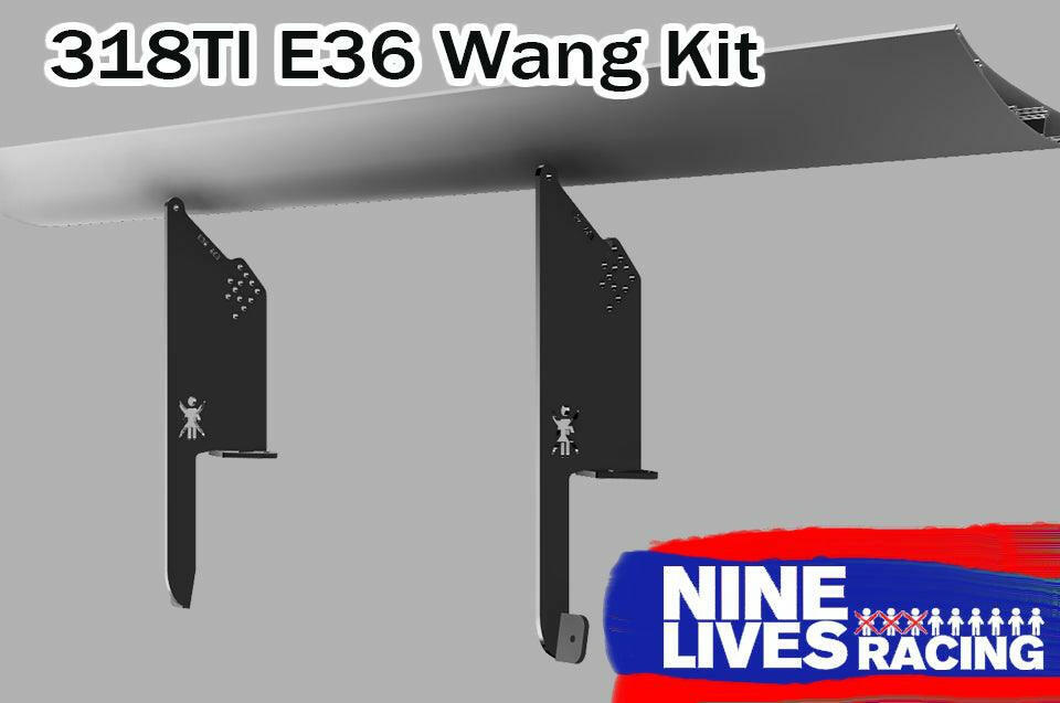 Rendered image of the 318Ti Big Wang Kit '90-00 E36 by 9livesracing for a BMW E36 318TI. The image showcases the down-force-enhancing spoiler and its black, adjustable mounting brackets made from extruded aluminum wings against a plain grey background, with text at the top and the 9livesracing logo at the bottom right.