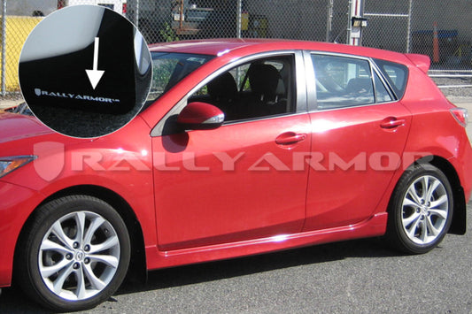 Rally Armor 10-13 Mazda3/Speed3 (Hatch/Sedan) Black UR Mud Flap w/White Logo - Graveyard Performance