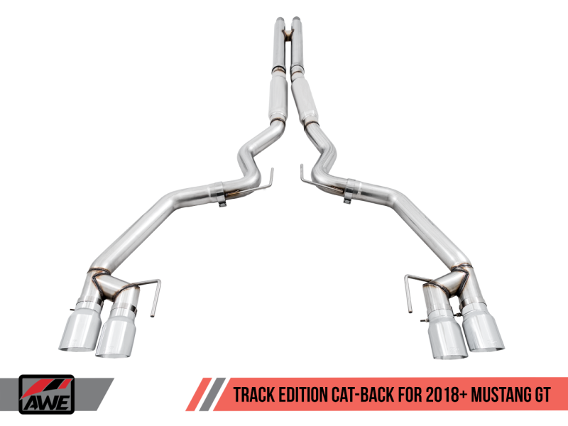 AWE Tuning 2018+ Ford Mustang GT (S550) Cat-back Exhaust - Track Edition (Quad Chrome Silver Tips) - Graveyard Performance