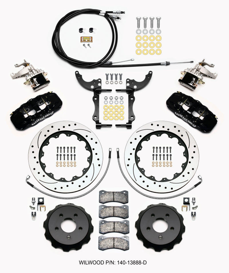 Wilwood AERO4 / MC4 Rear Kit 14.00 Drilled 15-23 Mustang w/Lines & Cables - Graveyard Performance
