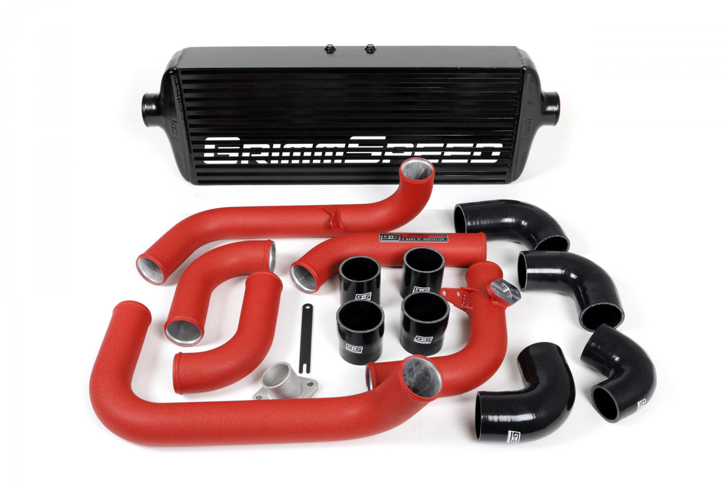GrimmSpeed Front Mount Intercooler Kit Black Coated Inc. Red Piping For Subaru 08-14 WRX