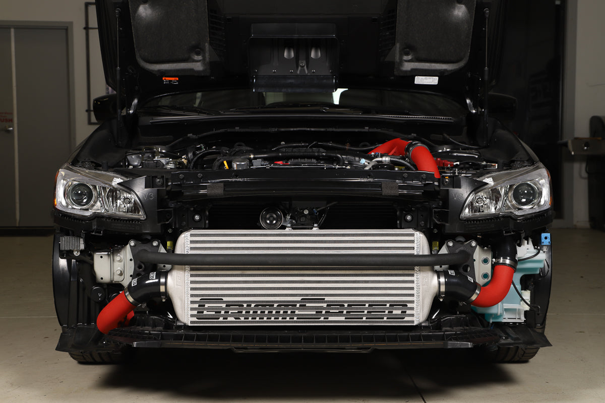 GrimmSpeed Front Mount Intercooler Kit Black Coated Inc. Red Piping For Subaru 15-21 WRX