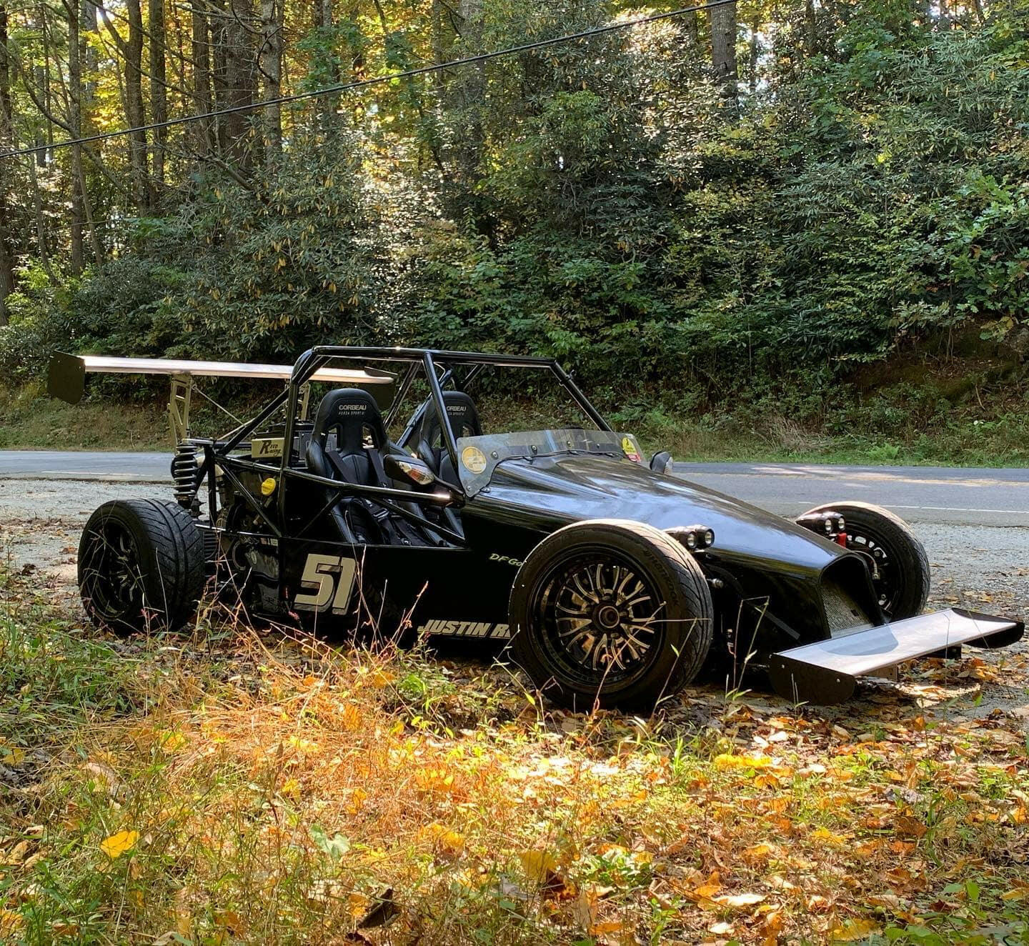 A black open-wheel race car with the number 51 on the side is parked on a grassy area beside a road. The car boasts an impressive 9livesracing DF Goblin Big Wang Kit, providing significant down-force. It is set against a backdrop of trees with sunlight filtering through the foliage.