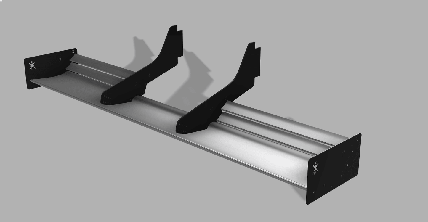 A 3D-rendered image of the Exocet Chrome Horn Nose Wang Kit by 9livesracing, showcasing a black and silver car spoiler with two vertical fins on a gray background. The aluminum wings boast a sleek and aerodynamic design, featuring logo-like symbols on the end plates. The fins are angled for efficiency.