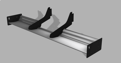 A 3D-rendered image of the Exocet Chrome Horn Nose Wang Kit by 9livesracing, showcasing a black and silver car spoiler with two vertical fins on a gray background. The aluminum wings boast a sleek and aerodynamic design, featuring logo-like symbols on the end plates. The fins are angled for efficiency.