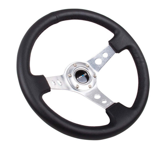 NRG Reinforced Steering Wheel (350mm/3in. Deep) White Leather w/Blk Spoke/Round Holes/White Stripes