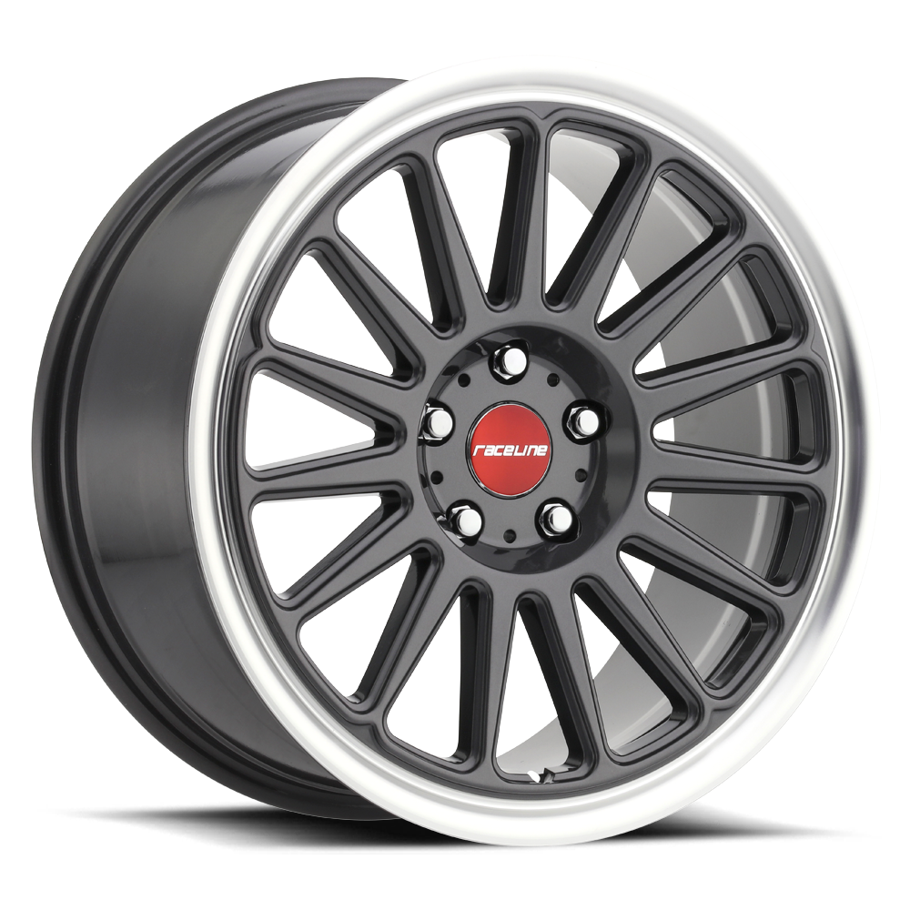 Raceline Aluminum Wheels 17x8 Grip 315G Machined Lip-Red Logo Gloss Gunmetal Grray Multi Spoke 30 Offset 5 on 100 Bolt Pattern 72.6 Bore