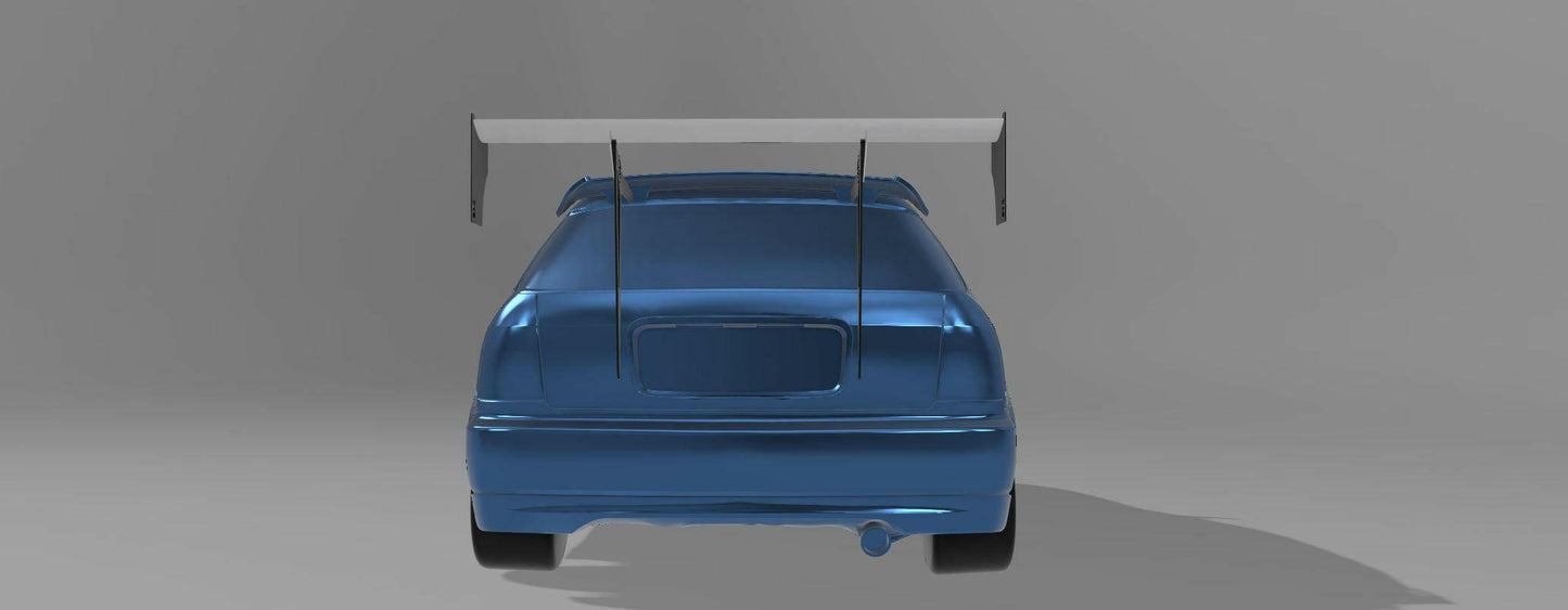 A digital rendering of the rear view of a blue sports car with a large white aluminum wing spoiler on a gray background features the Civic Hatch Ek Wang kit 96-2000 from 9livesracing. The car boasts a smooth, curvy design with sleek lines and a prominent rear bumper. The Big Wang spoiler, designed for optimal down-force, is supported by two vertical rods.