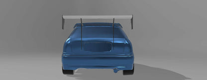A digital rendering of the rear view of a blue sports car with a large white aluminum wing spoiler on a gray background features the Civic Hatch Ek Wang kit 96-2000 from 9livesracing. The car boasts a smooth, curvy design with sleek lines and a prominent rear bumper. The Big Wang spoiler, designed for optimal down-force, is supported by two vertical rods.