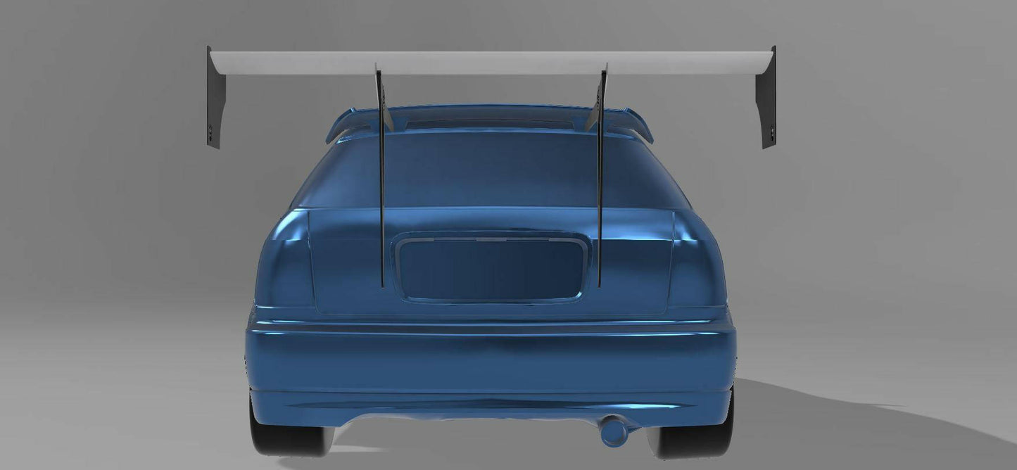 A rear view of a blue sports car fitted with the Civic Hatch Ek Wang kit 96-2000 by 9livesracing, featuring a prominent rear spoiler commonly known as a Big Wang mounted on the trunk. The license plate area is empty, and you can see the exhaust pipe at the bottom right. The background consists of a plain gray gradient.