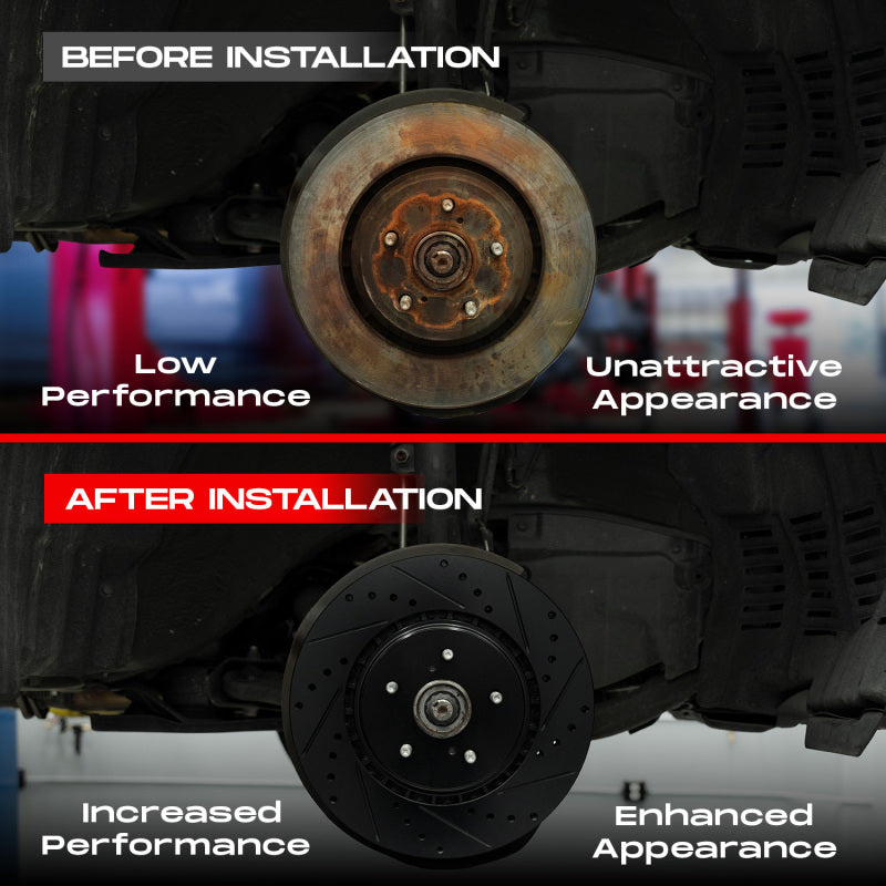 R1 18-24 Subaru WRX STI Front & Rear Drill/Slot Black Rotors w/Optimum Pads - Graveyard Performance