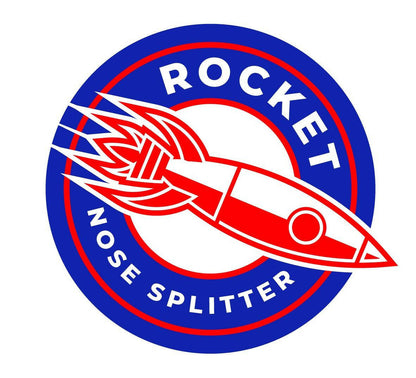 The logo of the "Corvette Rocket Nose Splitter ’97-04 C5" by 9livesracing features a red and white rocket with flames, outlined in blue and red, against a white and red circular background. The blue outer ring contains text "ROCKET" on top and "NOSE SPLITTER" on the bottom in white letters.