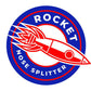 A circular logo features a blue outer ring and white inner background, with the text "370z Rocket Nose v2 Splitter ’08-20 Z34" encircling a red and white stylized rocket. The rocket, detailed in red with blue and white accents for optimal downforce, flies to the left under the brand name "9livesracing.