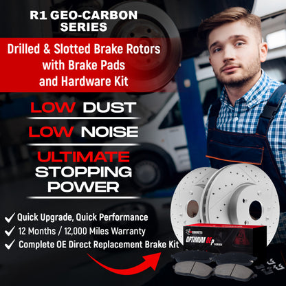 R1 13-20 Subaru WRX Front & Rear Drill/Slot Carbon Coated Rotor Set w/Optimum Pads