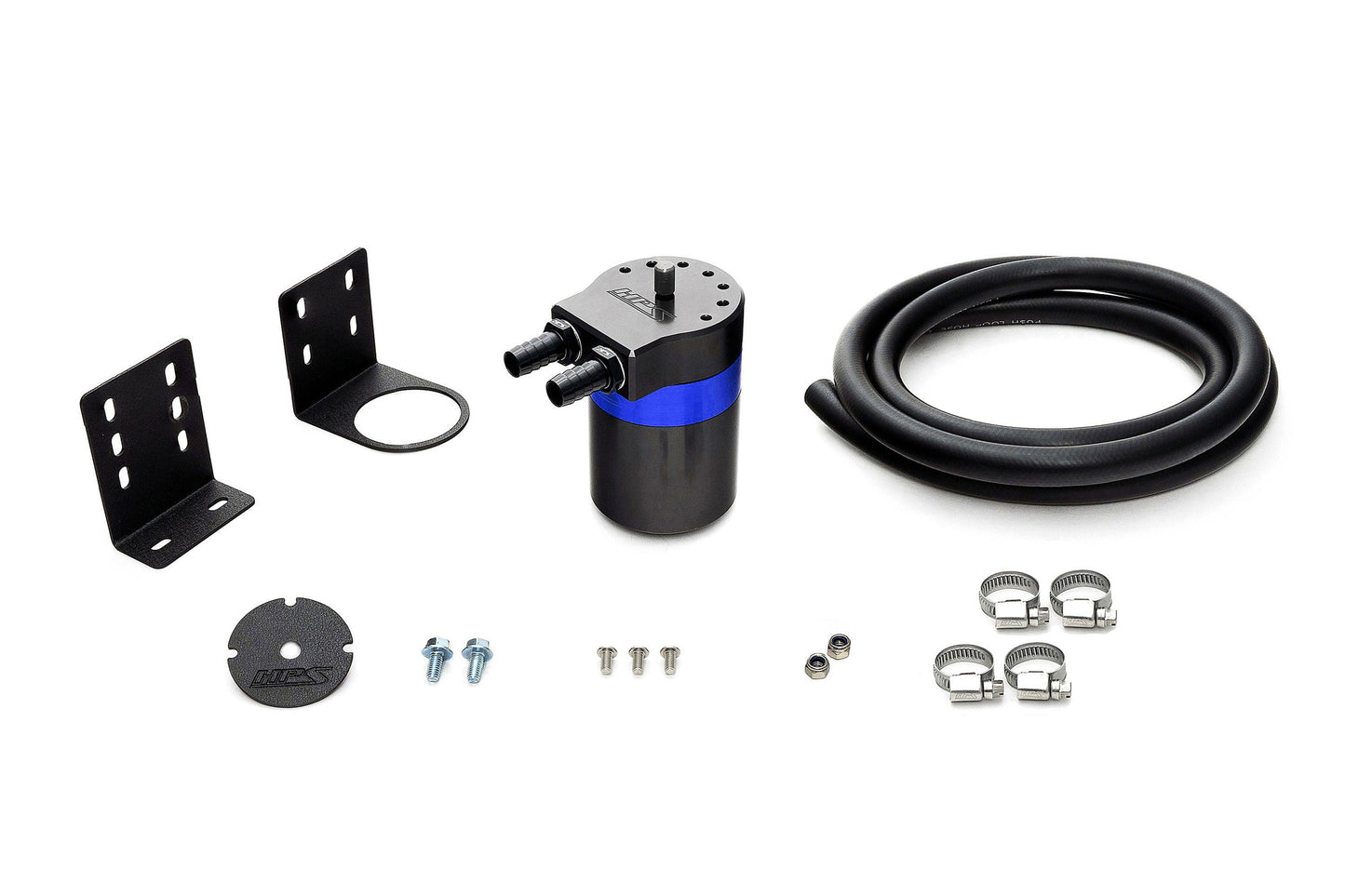 HPS Performance Aluminum Oil Catch Can Kit with 1/2" Barb Adapters and Rubber Hoses, Blue, 861-502BL