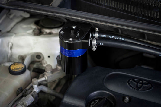 HPS Performance Aluminum Oil Catch Can Kit with 1/2" Barb Adapters and Rubber Hoses, Blue, 861-502BL