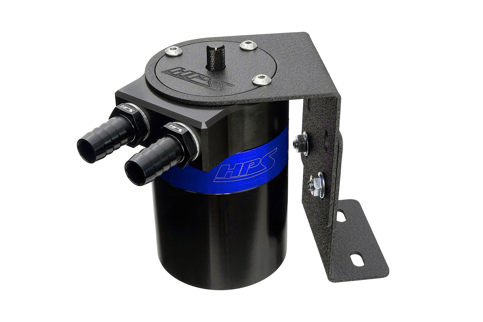 HPS Performance Aluminum Oil Catch Can Kit with 5/8 inch Barb Adapters and Rubber Hoses Blue 861-503BL