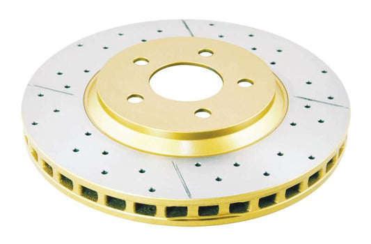 DBA 05-14 Ford Mustang GT Front Street Series Drilled & Slotted Rotor w/Gold Hat - Graveyard Performance