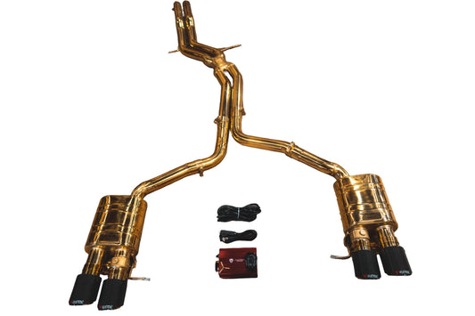 2010-2016 Audi B8, B8.5 S4, S5 3.0, 4.2L Catback T304 Stainless Steel Finished in Anodized Gold Forged Carbon 3.5 Inch Outlet Tips Valvetronic Designs