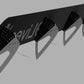 The C10 1967-72 Truck Spoiler Kit from 9livesracing is a black racing car spoiler made from 6061 aluminum. It features a sleek design with the word "MLive" partially visible on its surface. The spoiler is mounted with four triangular metal brackets underneath for support, engineered with multiple small holes to reduce weight and increase downforce.