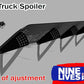 An image of a C10 1967-72 Truck Spoiler Kit, constructed from 6061 aluminum with a 25% adjustment range. The black spoiler features metal brackets and perforated side panels for optimal downforce. The text "C10 1967-72 Truck Spoiler Kit" and "25% of adjustment" is displayed, along with the logo "9livesracing" in the bottom right.