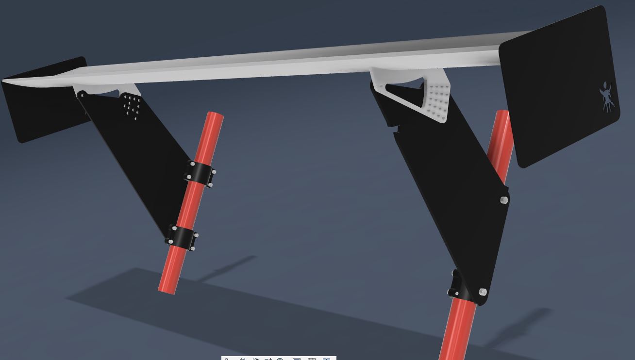 The Exocet v2 Big Wang Kit by 9livesracing features a sleek, modern design showcased at an angle. It sports a minimalistic aesthetic with a flat white surface supported by black angular brackets connected to bold red cylindrical legs, embodying its contemporary, Exocet-inspired look.