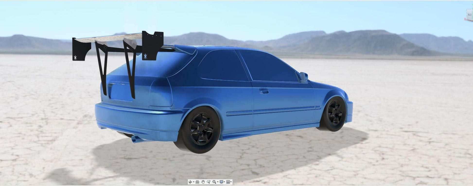 The Civic Hatch Ek Wang kit 96-2000 by 9livesracing is displayed against a barren, dry desert landscape with mountains in the background. The blue hatchback features black wheels and prominent aluminum wings for enhanced down-force. The lighting highlights the car's sleek design and smooth lines.