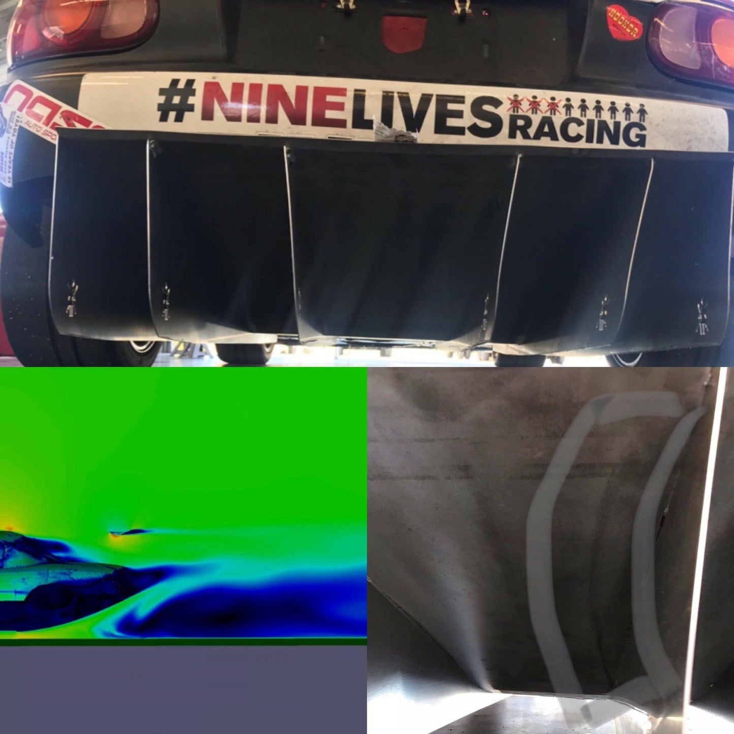 A rear view of a V8 Miata racing car features a "#9livesracing" bumper sticker and displays the Miata Diffuser '90-05 NA/NB from 9livesracing. Below are two smaller images emphasizing aerodynamics: one shows a computer simulation with airflow visualization, and the other depicts the car's underside with wind tunnel testing marks.