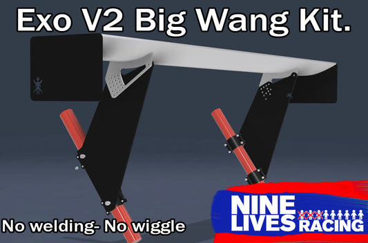 A promotional image of the Exocet v2 Big Wang Kit, an automotive spoiler with black side panels, red support rods, and a white main wing. The text reads, "Exocet v2 Big Wang Kit. GT3 performance - No welding - No wiggle," above the 9livesracing logo in the bottom right corner.
