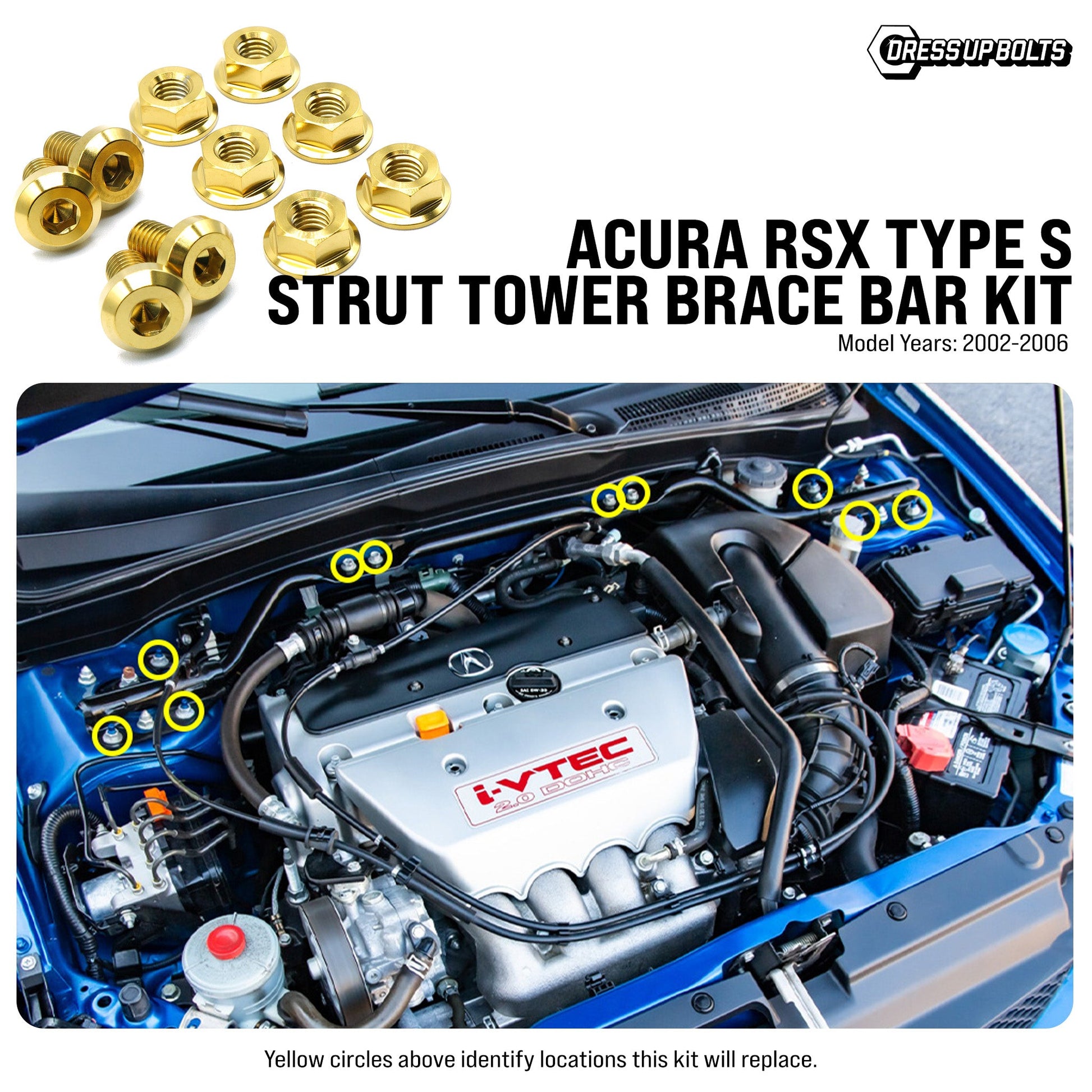 Titanium Hardware Strut Tower Brace Bar Kit - Acura RSX Type S (2002-2006) - Graveyard Performance