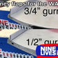 Image showing two close-up views of Gurney Flaps for a race car wing by 9livesracing. The top view displays a 3/4 inch flap, while the bottom view shows a 1/2 inch flap. The background includes a blue sign with the text "NINE LIVES RACING." The caption reads "Aluminum Gurney flaps for the