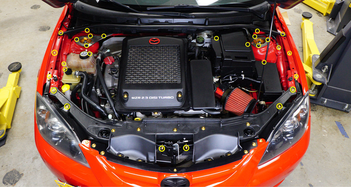 Stage 1 Titanium Hardware Engine Bay Kit - Mazda Speed3 (2007-2009) - Graveyard Performance