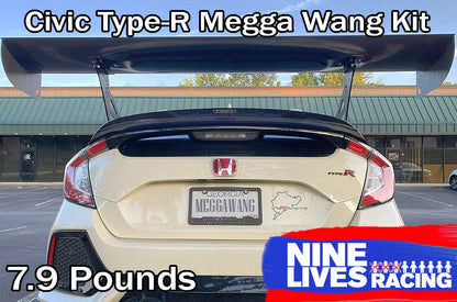 A Honda Civic Type-R featuring a prominent rear wing is parked in front of a green-roofed building. At the top, the text reads "Civic Type-R Wang Kit 2017+ FK8." The license plate displays "MEGGAWANG," and text in the bottom left corner indicates a weight of "7.9 Pounds." The 9livesracing logo appears in the bottom right, highlighting its superior down-force advantage.