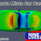 Top perspective of a Mazda Miata in a vibrant fluid dynamic simulation showcasing airflow patterns around it. The text reads "Mazda Miata CarNards for 90-05 air dams," "Nine Lives Racing" with their logo, and "CFD proven." The colors range from blue to red, indicating varying air pressures and improved front downforce.