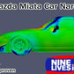 A stylized image of a Mazda Miata sports car with colorful aerodynamic flow patterns and front downforce canards displayed over it. The text reads "Mazda Miata CarNards for 90-05 air dams" at the top and "CFD proven" at the bottom. In the bottom right, there's a logo saying "Nine Lives Racing".