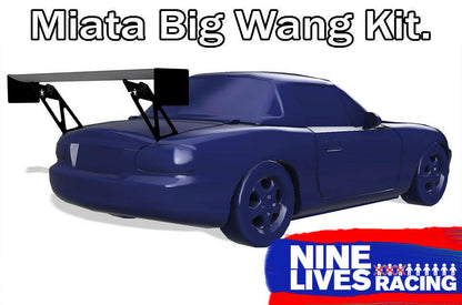 A stylized image of a blue Mazda Miata featuring a large rear wing, often called a "big wang." The text "Miata Big Wang Kit '90-05 NA/NB" proudly showcasing its down-force capabilities is at the top, while the "9livesracing" logo, emphasizing its American-made quality, is located in the bottom right corner.