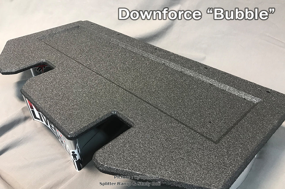 A textured automotive component labeled "Downforce 'Bubble'" is displayed. The component is placed on a flat surface, with the text "Pictured w/ optional Splitter Ramp, Study Gaff, & Miata Splitter Replacement Parts - NA/NB by 9livesracing" visible at the bottom of the image.