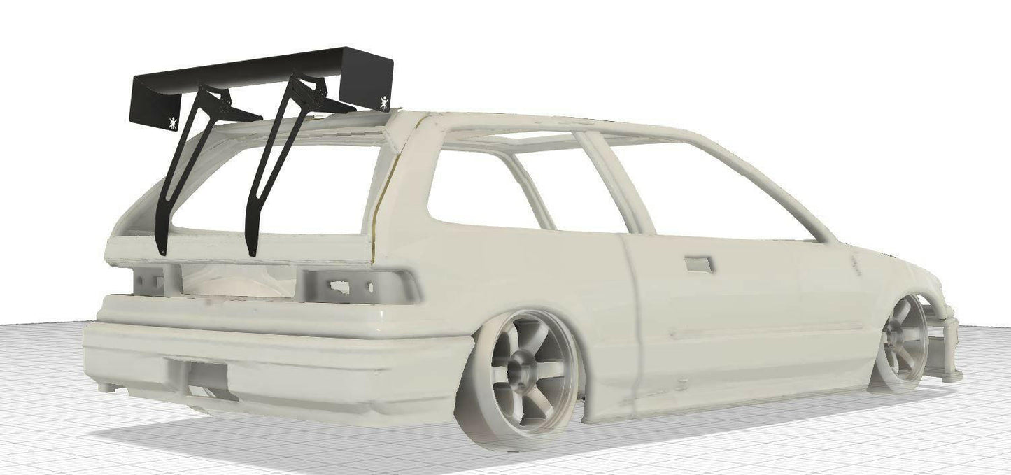 A digital 3D model of a modified Civic Hatch EF Wang kit 88-91 by 9livesracing without paint, featuring a large Big Wang GT3 rear wing spoiler. The car has an aerodynamic body kit, lowered suspension, and custom wheels. The model is displayed on a grid background, suggesting a design software environment.