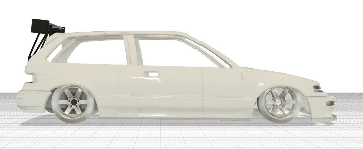 A 3D-rendered side view of a modified, low-riding white hatchback car, specifically the "Civic Hatch EF Wang kit 88-91" by 9livesracing, featuring large aftermarket wheels and an oversized Big Wang GT3 rear spoiler with supports designed for maximum down-force. The background showcases a grid pattern typical of 3D modeling environments.