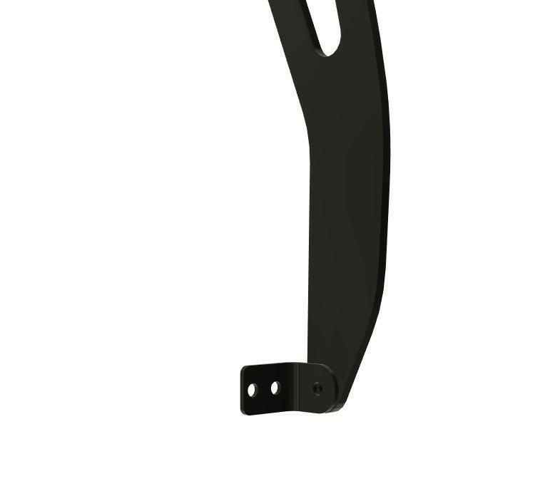 The Civic Hatch EF Wang kit 88-91 by 9livesracing features a sleek, black elongated metal bracket with a rectangular base that includes two holes. The bracket boasts a smooth, curved design with an additional hole near the top for mounting purposes—perfect for enhancing down-force in applications like the Big Wang GT3.